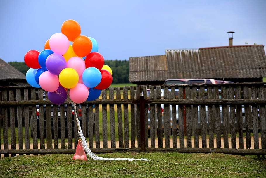 holiday, colored balls, day of birth, balloon, multi colored, architecture, nature, built structure, day, fence