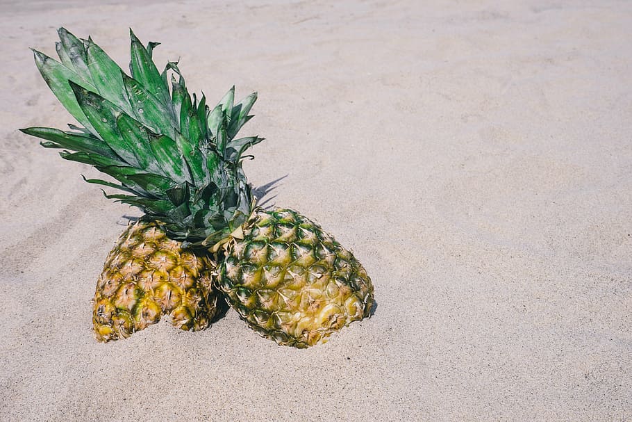 two, pineapple fruits, sand, pineapples, beach, summertime, summer, summer vibes, fruit, tropical fruit