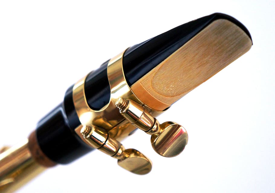 two, gold string tuners, saxophone, reed, mouthpiece, music, sax, band, musician, musical