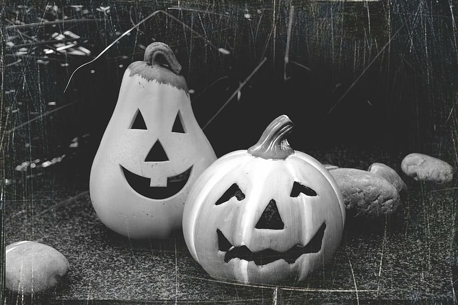 dos jack-o-linternas, halloween, octubre, otoño, calabaza, fash, decoración, extraño, calabazas, halloweenkuerbis
