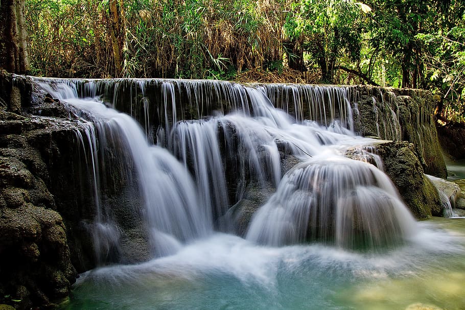 foto de lapso de tempo, cai, cercado, plantas, lapso de tempo, foto, cachoeira de kuang si, cachoeira, água, natureza