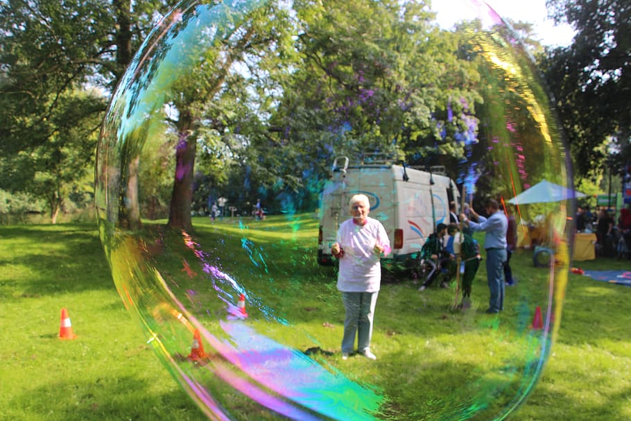 soap bubbles, large, human, colorful, huge, soapy water, fun, garden party, park, family fast