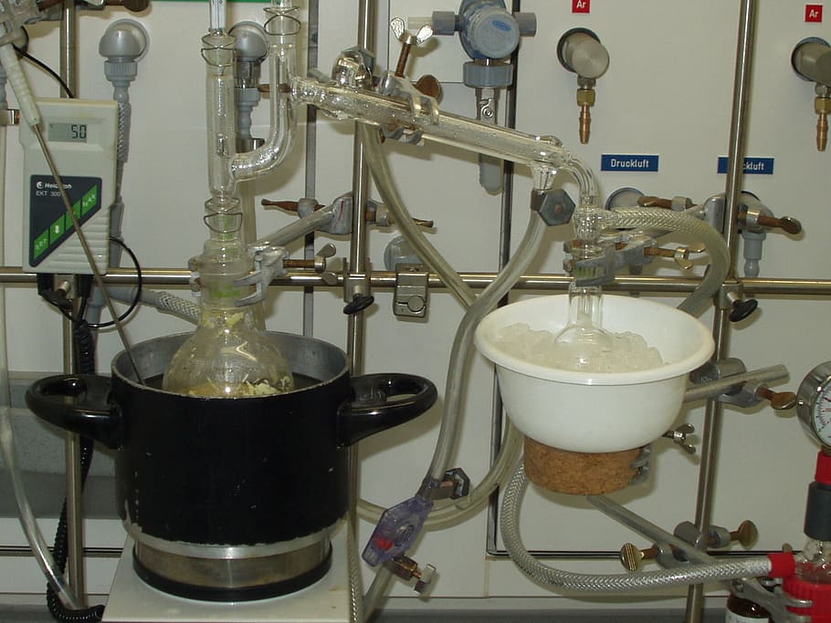 destille, distill, chemistry, laboratory, piston, synthesis, equipment, indoors, household equipment, metal