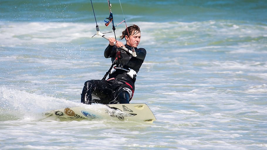 kite boarder, kite boarding, kite surfing, kite-surfing, female, action, sport, fun, water, surf