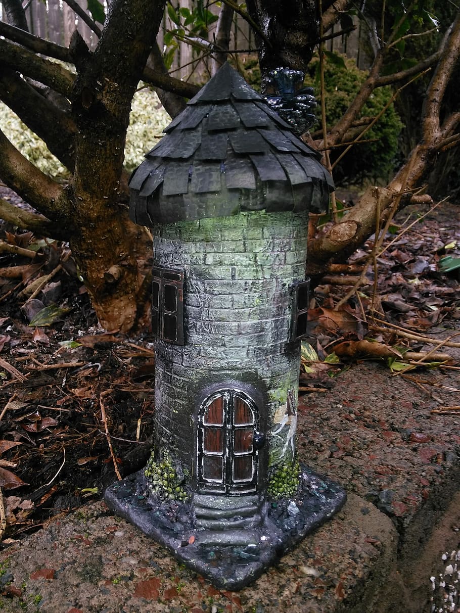 fairy, house, garden, ornament, mixed media, tower, door, architecture, built structure, plant