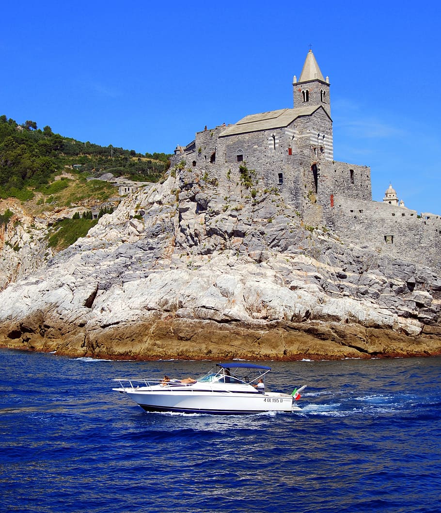 boat, castle, cliff, sea, church, costa, rock, porto venere, liguria, italy