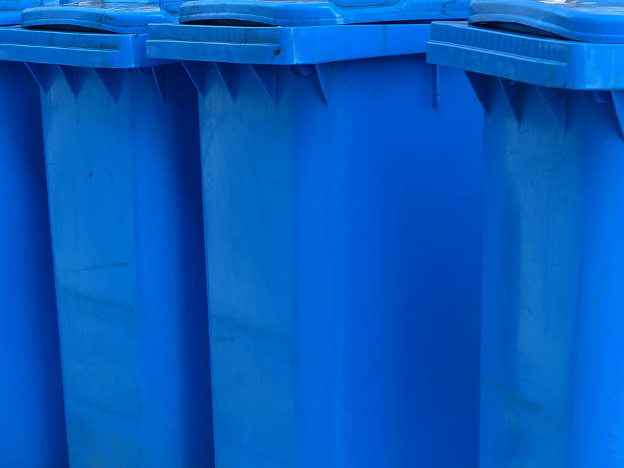 several, blue, plastic trash bins, dustbin, paper wheelie bin, blue tonne, ton of plastic, plastic, garbage, paper