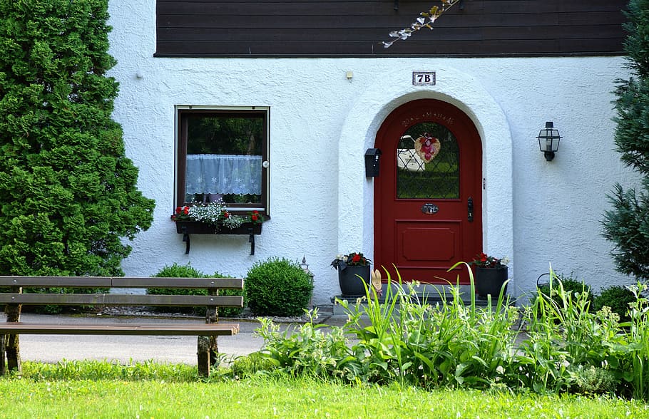 entrance door, farmhouse, apartment, allgäu, bench, window, architecture, wooden windows, idyllic, atmosphere