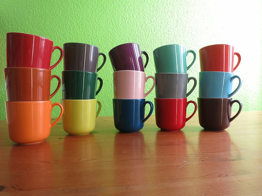 разноцветный, керамический, кружки, коричневый, деревянный, стол, т, красочный, разнообразие, кофе