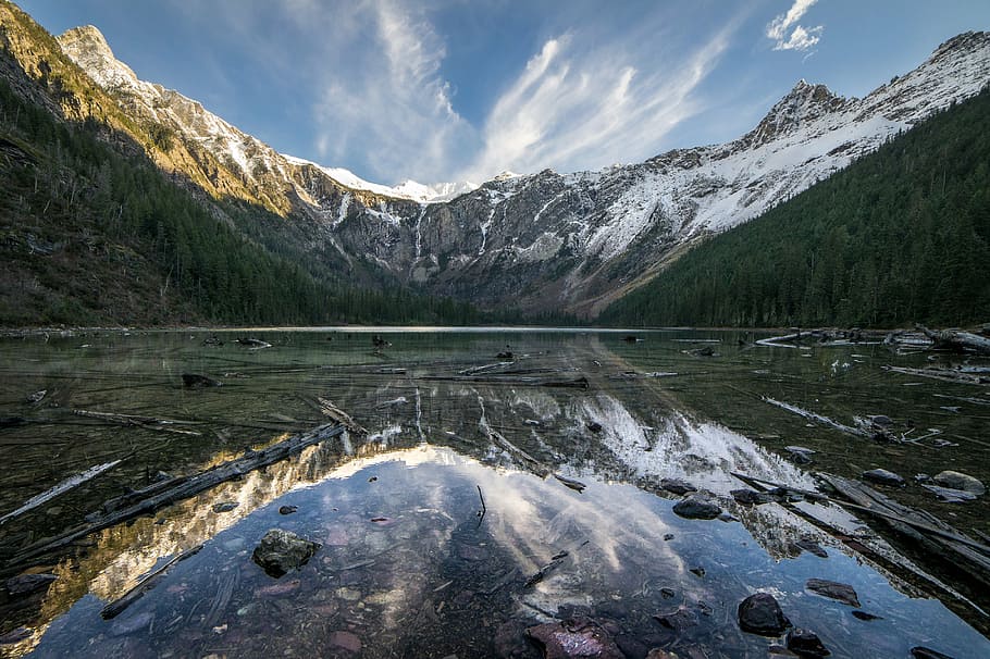 avalanche lake, landscape, reflection, scenic, mountains, skyline, peak, water, glacier national park, montana