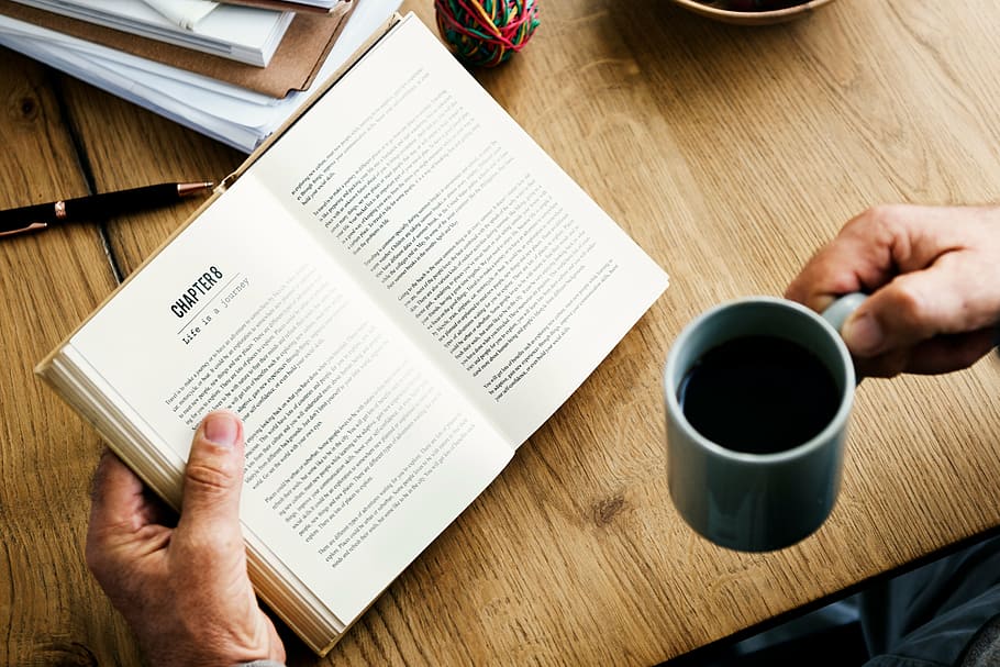 person, holding, mug, opened, book, table, read, knowledge, wisdom, coffee