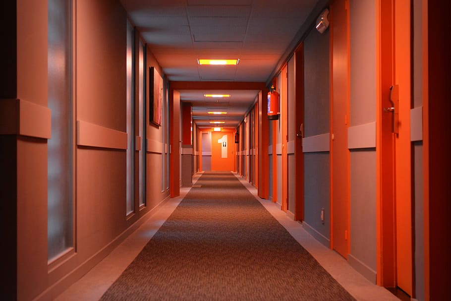lighted hallway, hotel, gang, perspective, floor, doors, indoors, corridor, architecture, direction