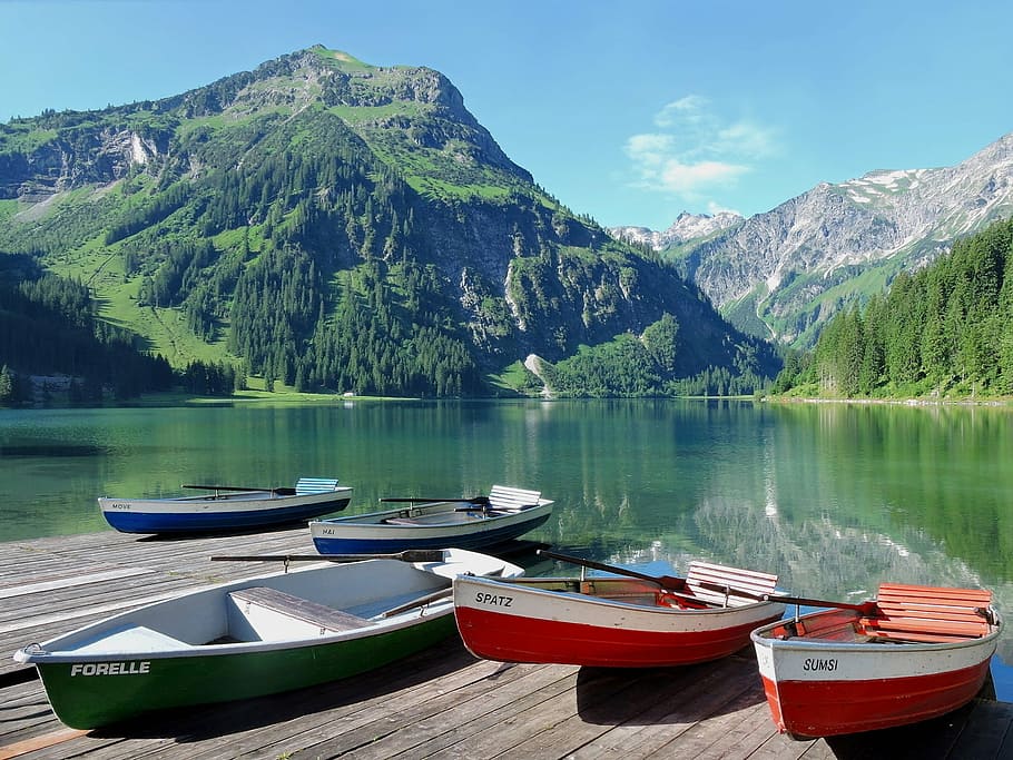 five, boats, body, water, mountain, rowing boats, vilsalpsee, tannheim, tyrol, tourist destination
