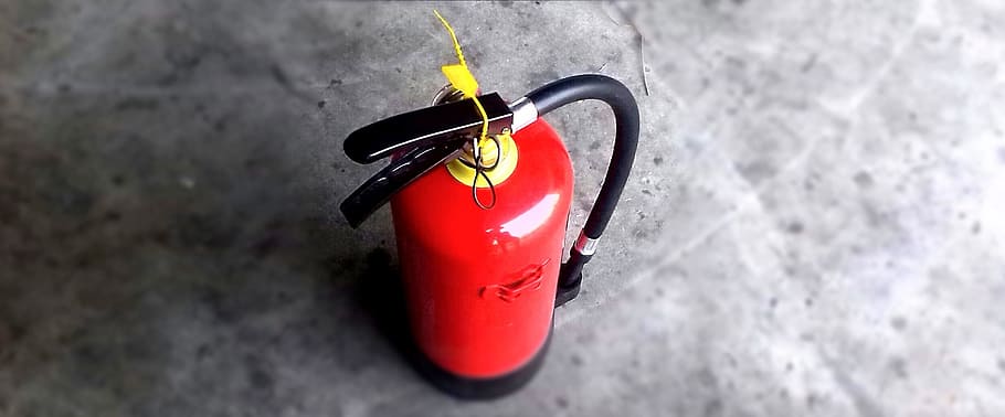 selective, focus photography, red, black, fire extinguisher, gray, concrete, surface, selective focus, photography