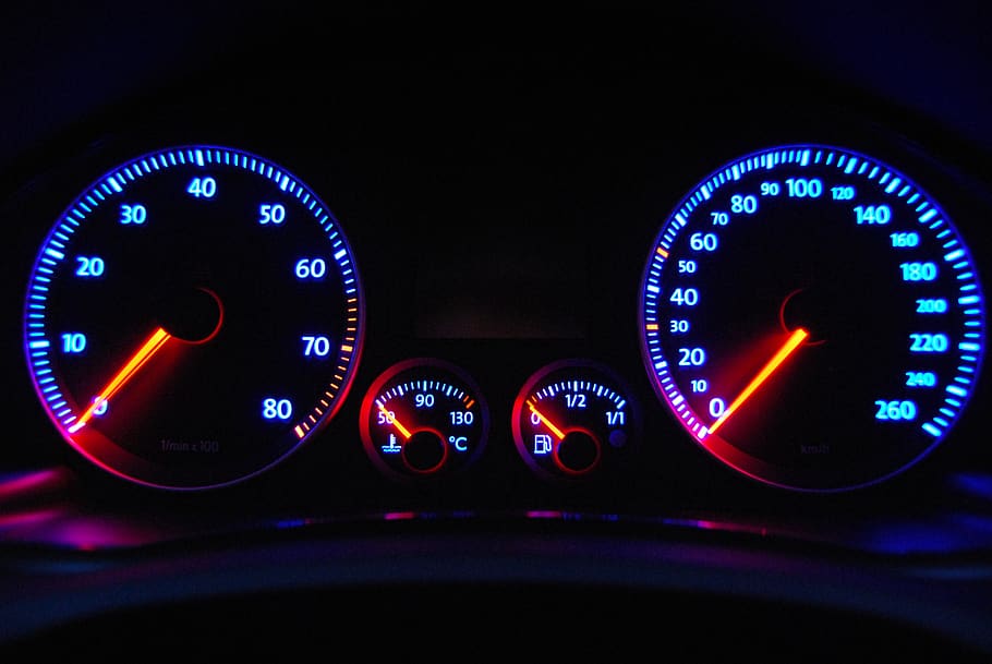 auto, speedometer, tachometer, dashboard, transportation, control panel, mode of transportation, vehicle interior, illuminated, speed