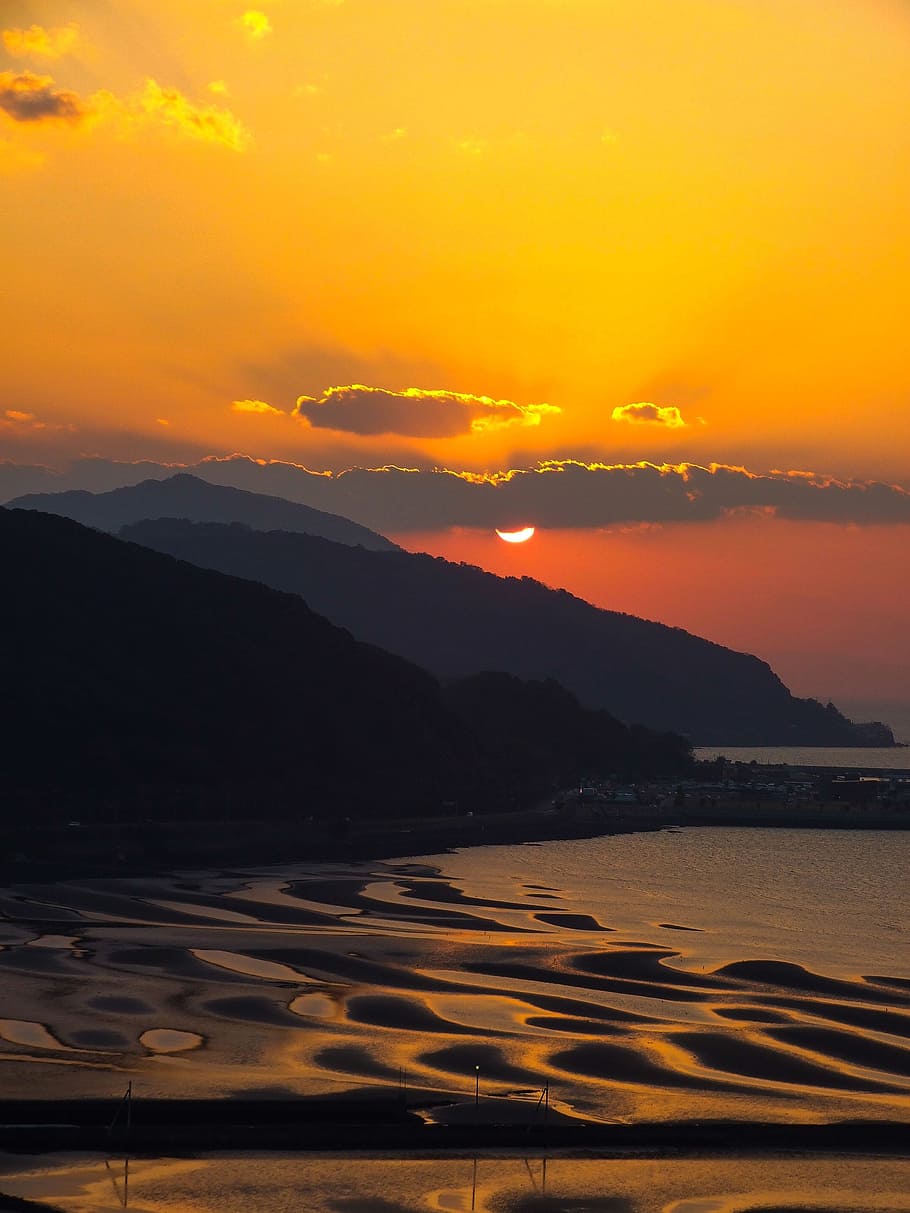 Japan, Coast, Kumamoto, Sunset, Sun, tideland, portable shrine came coast, mountain, scenics, orange color