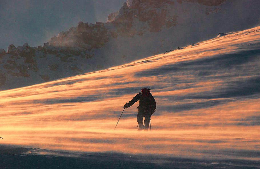 skier, snowy, mountain, peak, summit, top, alone, loneliness, mountaineer, mountaineering