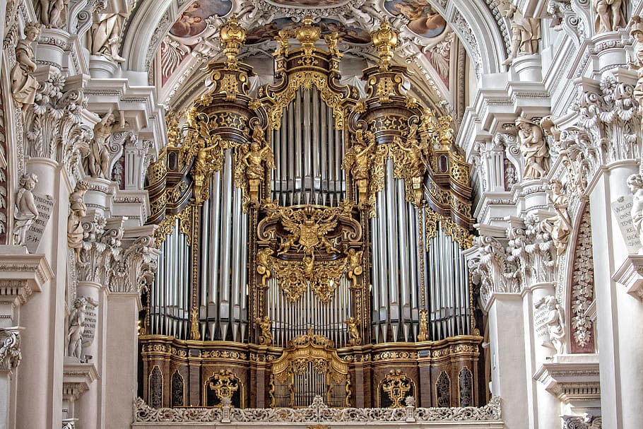 passau, katedral st stephan, passauer stephansdom, organ, golden, fresco, baroque, peluit organ, dom, arsitektur