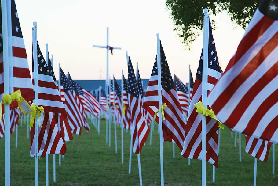 EUA, bandeiras, terreno, Memorial Day, bandeira, América, Azul branco vermelho, Patriótico, Independência, Julho