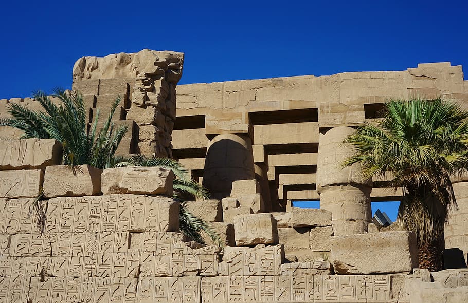 karnak, templo, columnar, sala, pared, palmeras, piedras, egipto, faraones, complejo del templo