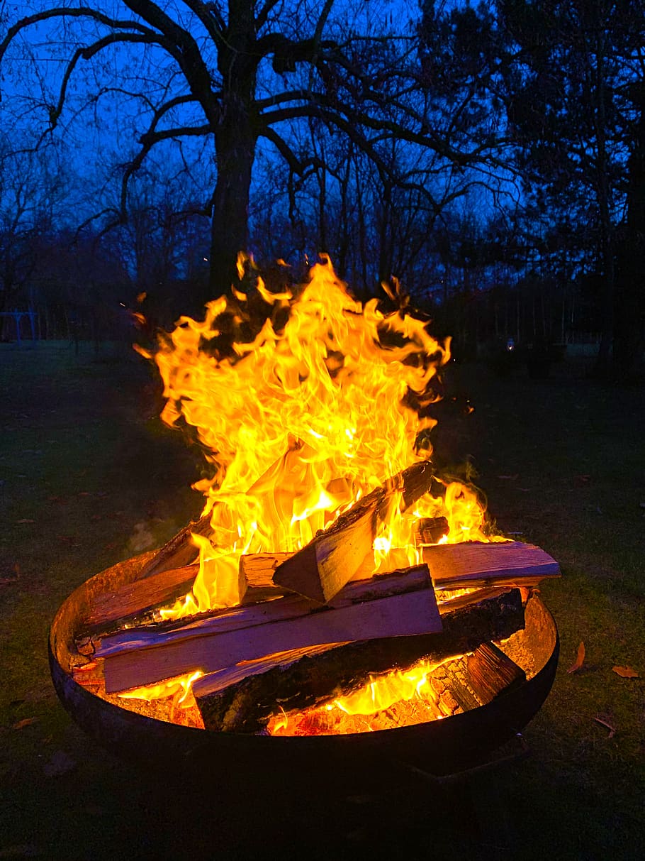 fire bowl, fire, campfire, embers, hot, burn, heat, flame, fireplace, garden