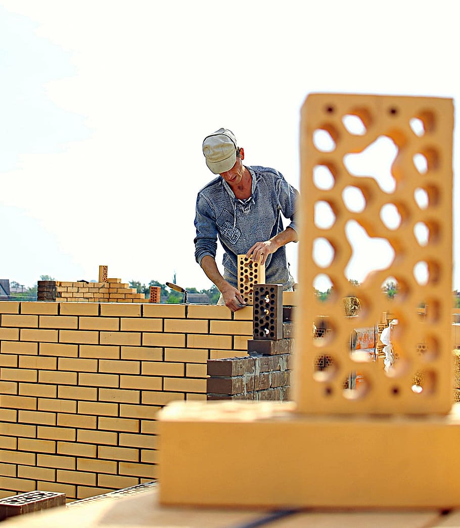 man building wall, daytime, mason, brick, work, construction, build, men, construction Industry, construction Worker