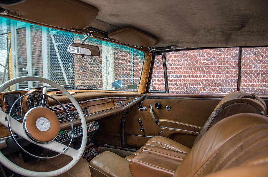 mercedes, automotive, interior, leather interior, old vehicles, oldtimer, classic, dashboard, seat, indoors