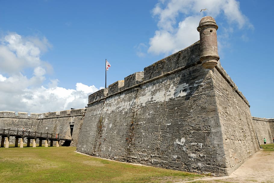 gray, concrete, wall, blue, sky, castle, san marcos, landmark, fort, florida