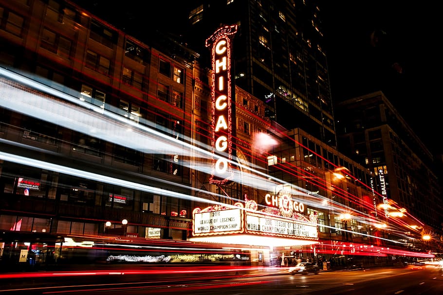 timelapse photography, chicago theater, chicago, illinois, city, urban, downtown, buildings, chicago theatre, theater