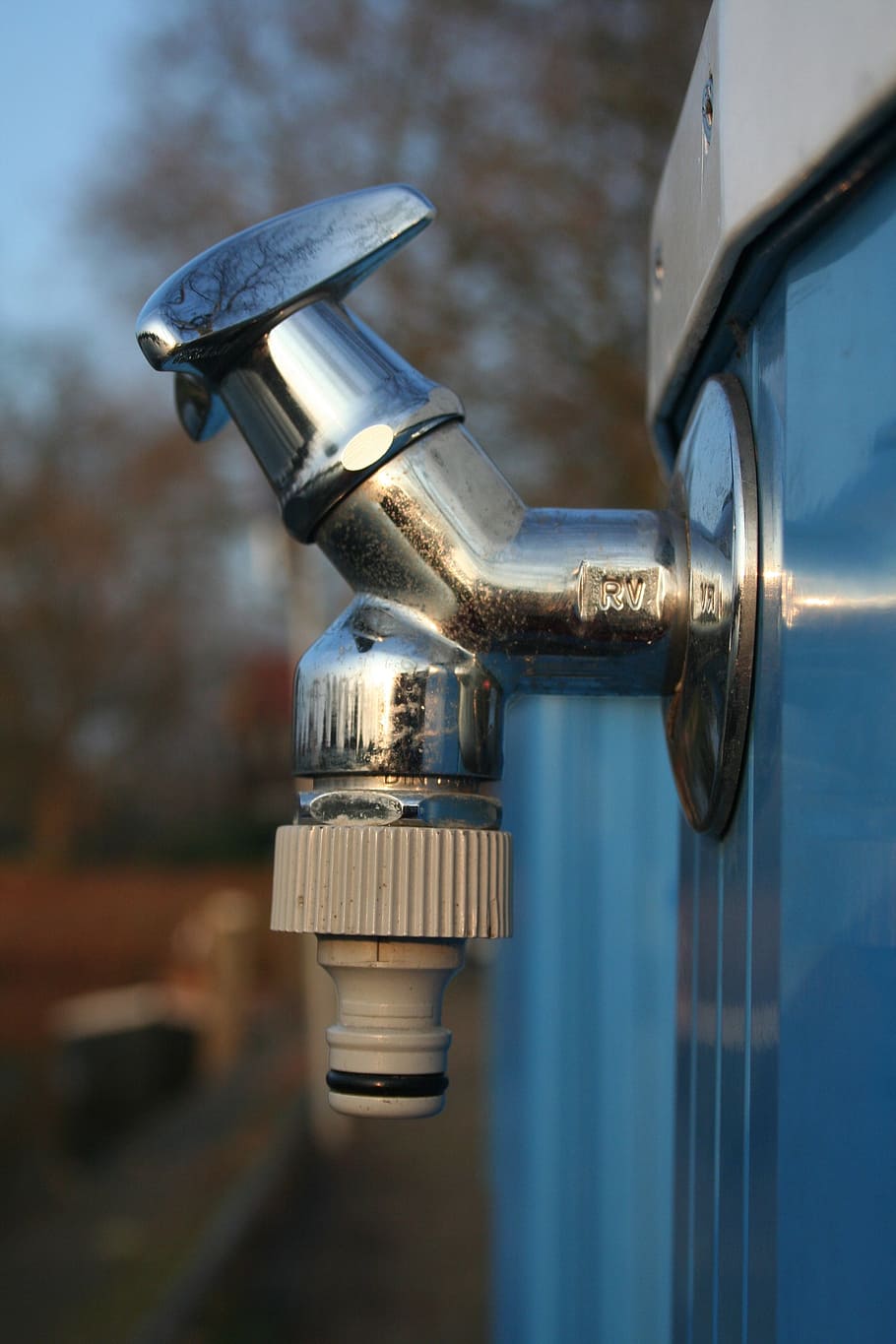 faucet, water, ship, water tap, metal, close-up, focus on foreground, silver colored, day, outdoors
