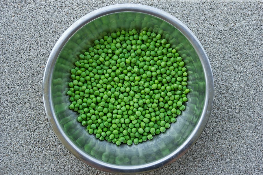 green, peas, round, gray, stainless, steel bowl, pea, vegetables, food, healthy