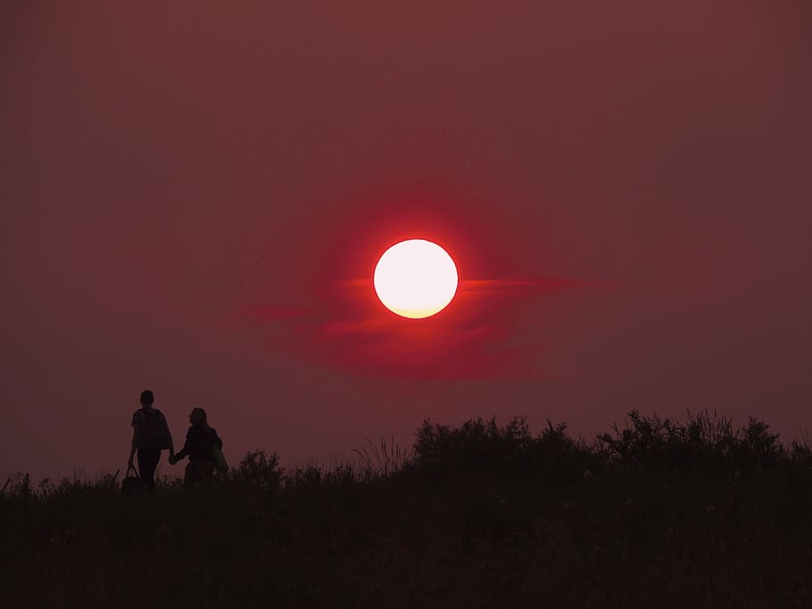fotografi siluet, dua, orang, berjalan, bidang rumput, penuh, bulan, matahari terbenam, merah, pasangan