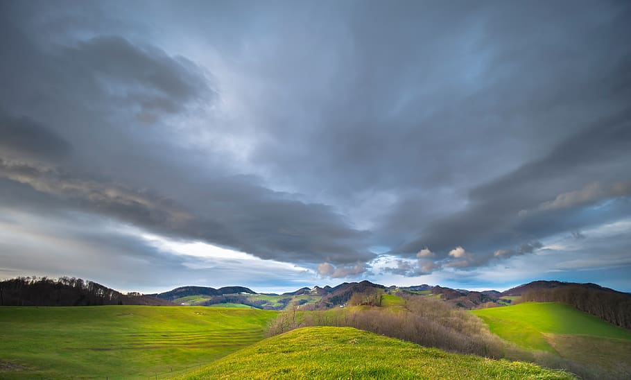 clouds, hill, jura, landscape, green, rural, scenic, mood, panorama, cloud - sky