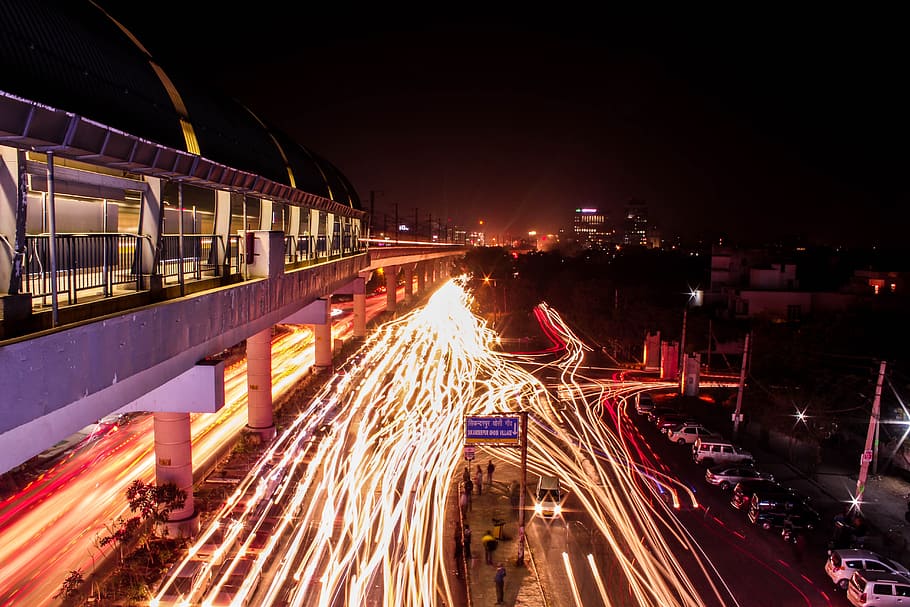 time-lapse photography, street, nighttime, Gurgaon, India, Outdoors, City, Delhi, light, road