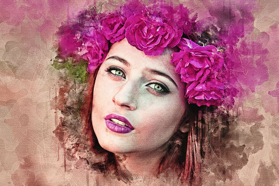 woman, pink, flower crown painting, female, beauty, young, model, flowers, portrait, smudge portrait