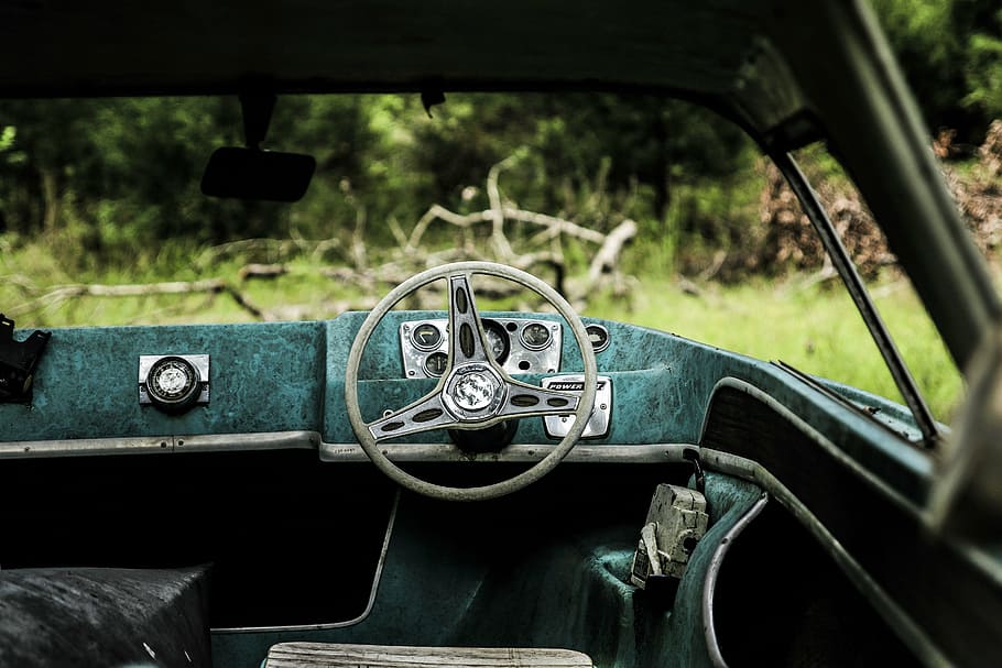 gray, car steering wheel, shallow, focus photography, car, vehicle, transportation, vintage, old, steering wheel