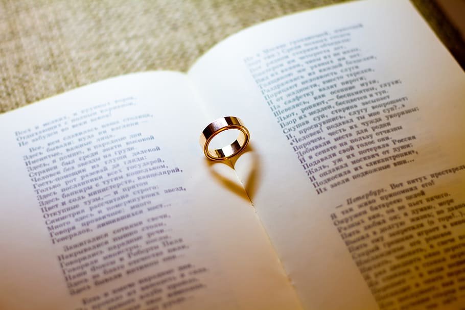 gold-colored wedding band, white, book page, engagement, rings, wedding, just married, happiness, the groom, bride