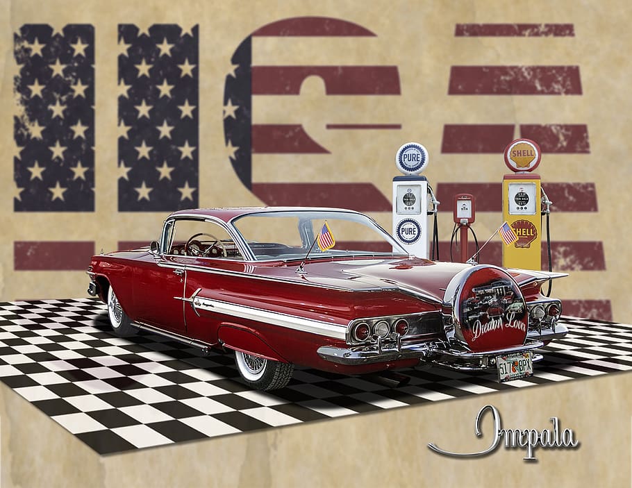 clásico, bombas de gas, chevrolet, chevy, techo rígido, vintage, años sesenta, 1960, estados unidos, impala