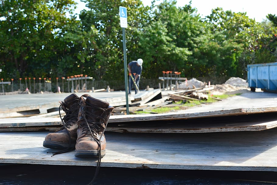 Construction, Boots, job site, foundation, wood, foreman, laborer, work boots, men, outdoors