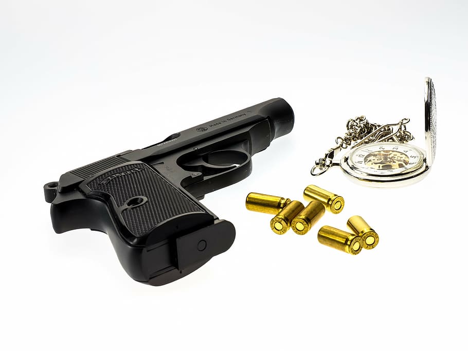 pistol, peluru, arloji saku, kejahatan, suasana hati, suasana, penemuan, senjata, kepolisian, borgol
