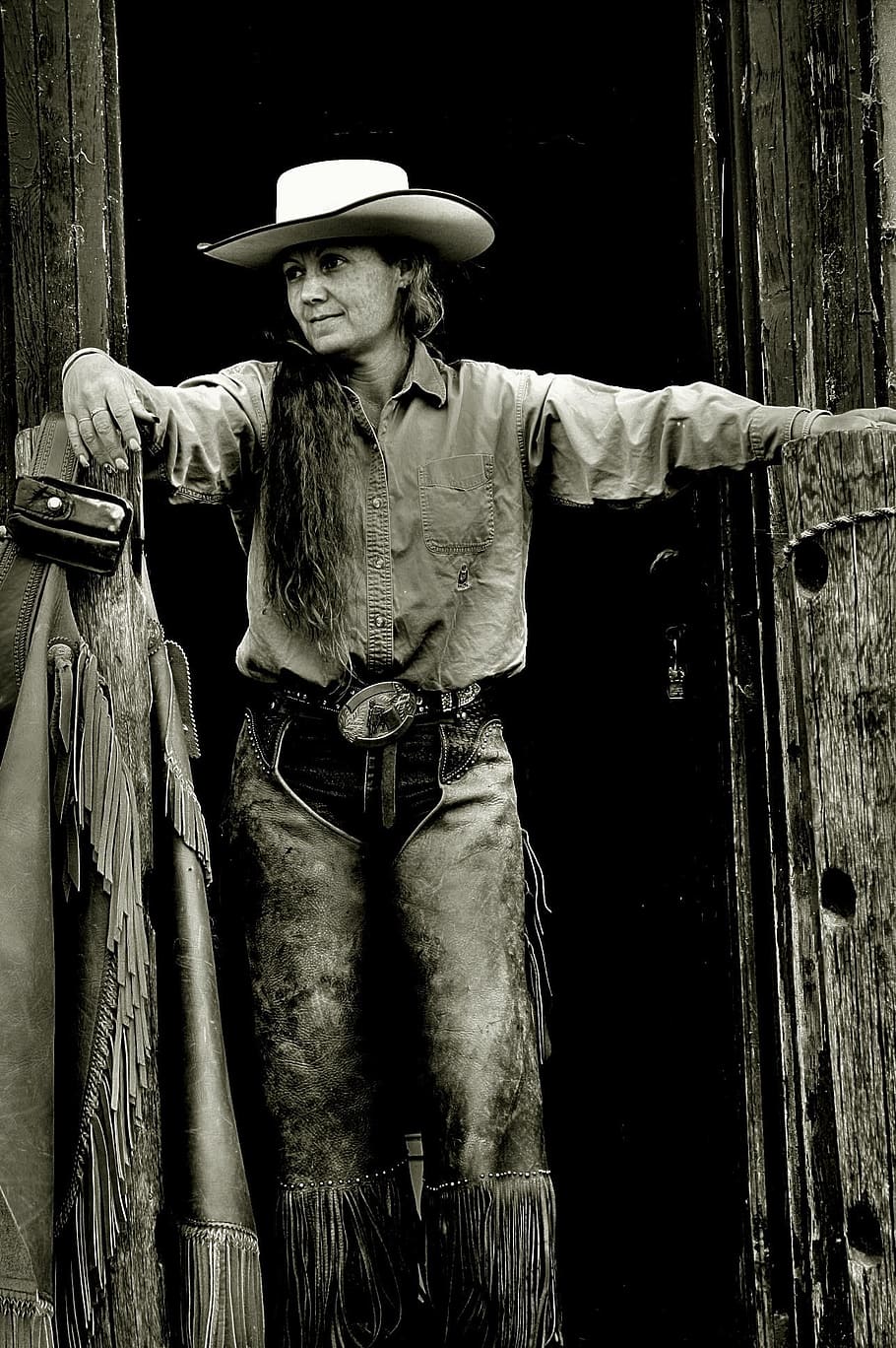 grayscale photo, woman, cowgirl, people, clothing, adult, portrait, two, men, women