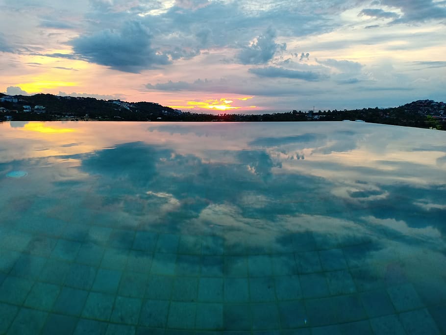 infinity pool, sunset, weather, koh samui, thailand, cloud - sky, sky, scenics - nature, beauty in nature, tranquility