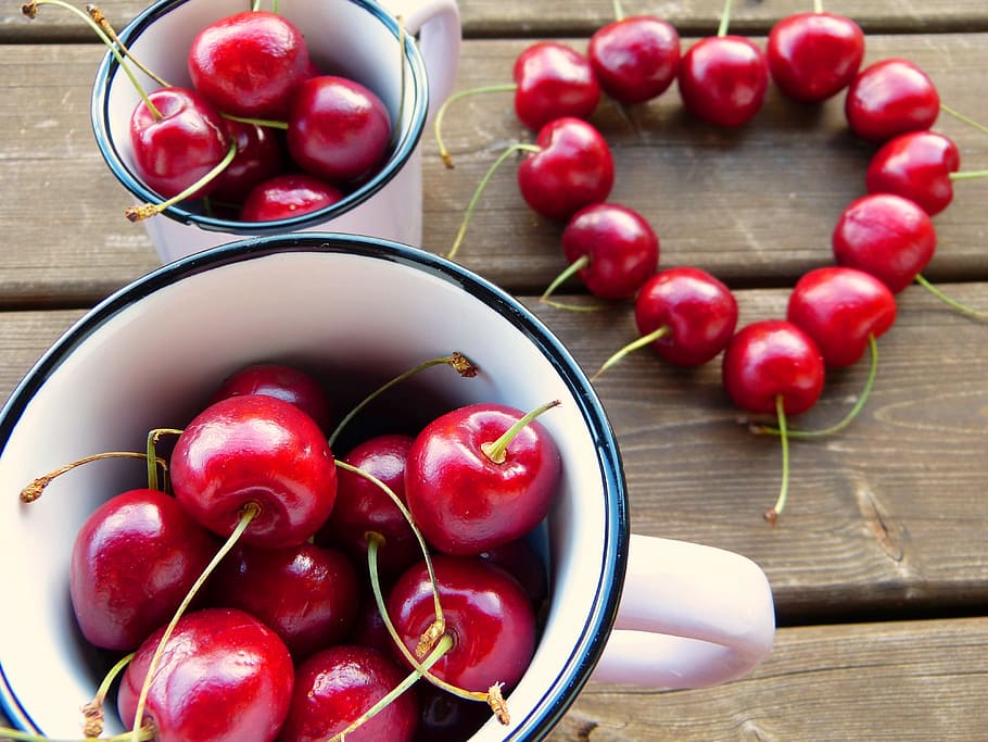 red, cherry, ceramic, mugs, Cherries, Red, Cup, Heart, Fruit, cup, fruits