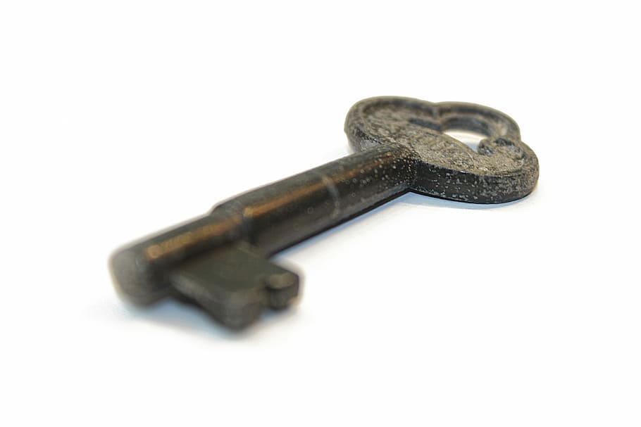 Key, Vintage, Old, former, white background, cut out, single object, close-up, studio shot, metal