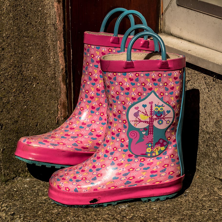 boots, wellies, wellington boots, wellington, childs boots, galoshes, shoe, pink color, day, close-up