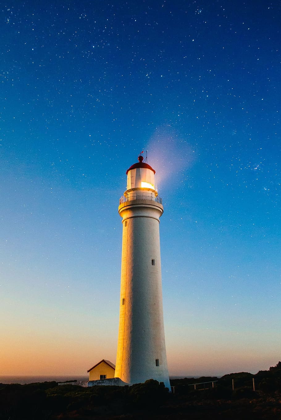 white, lighthouse photography, night, lighthouse, ocean, sea, light, coast, warning, twilight