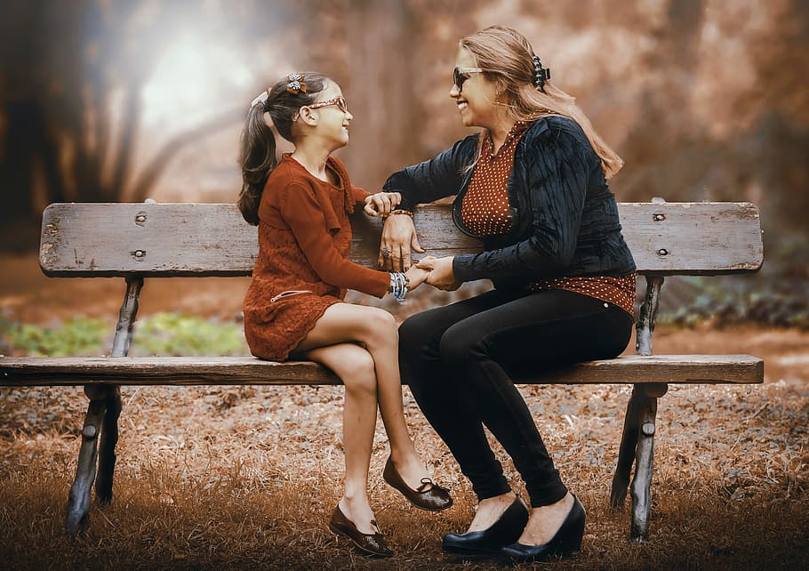 mother, daughter, sitting, bench, mother and daughter, adult, women, two, lifestyle, outdoors