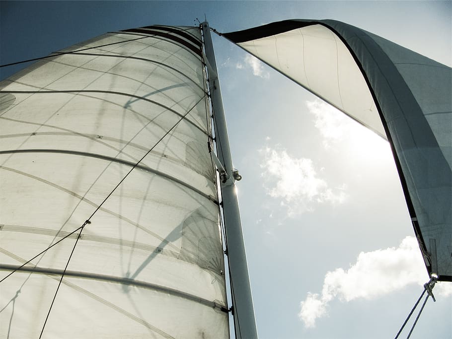 sailboat, sails, sky, sunshine, sunny, transportation, low angle view, mode of transportation, cloud - sky, nature