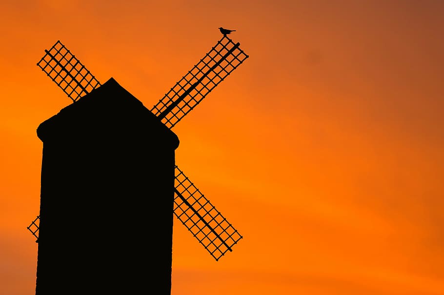 風車のシルエット, 風車, 古い, 鳥, シルエット, 日没, 夕方, 雰囲気, スペイン, ホイール