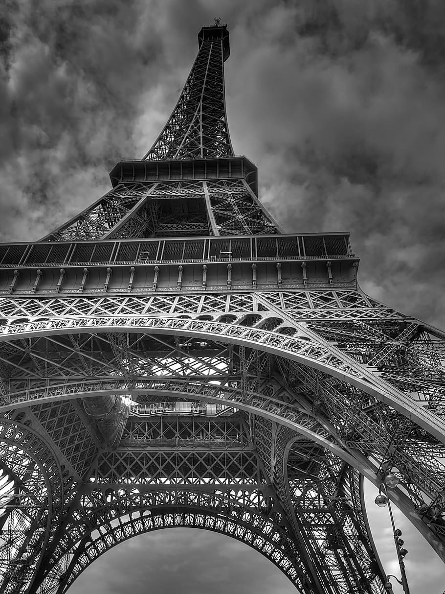 gray, scale photo, eiffel tower, tower, paris, france, world's fair, architecture, steel structure, steel